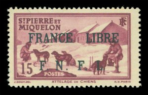 St. PIERRE & MIQUELON  1941  FRANCE LIBRE ovpt.  Dog Sled  15c  Sc#227 mint MH