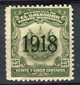 EL SALVADOR; 1918 early Municipal Perf issue Mint hinged 25c. value