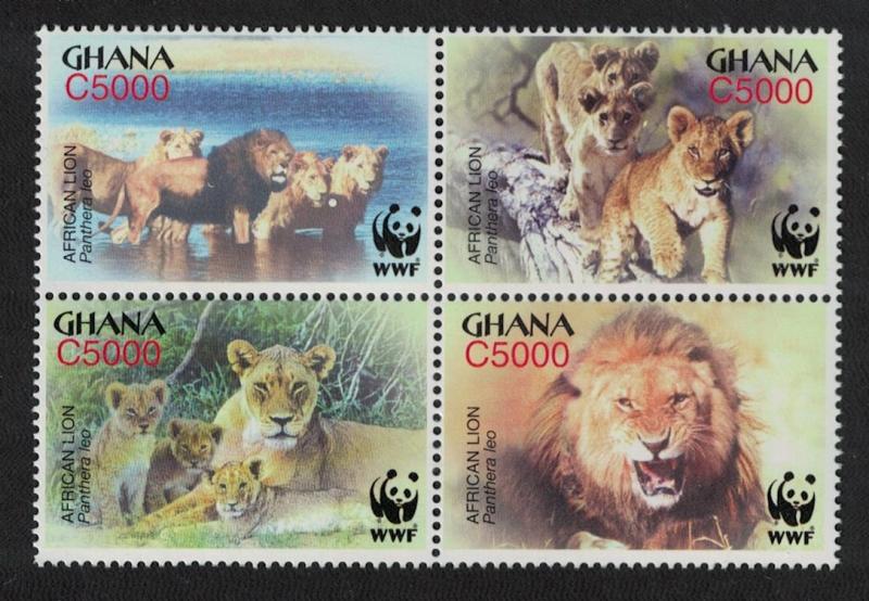 Ghana WWF African Lion 4v in block 2*2 SG#3432-3435 MI#3701-3704 SC#2433 a-d