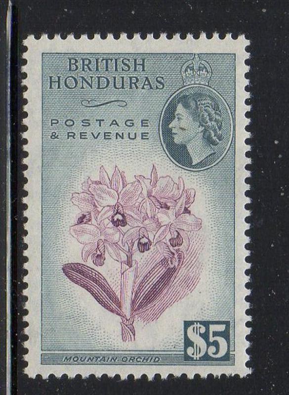 British Honduras Sc 155 1953 $5 Orchid & QE II stamp mint NH