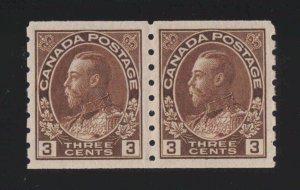 Canada Sc #129 (1918) 3c brown Admiral Coil Pair Mint VF NH MNH