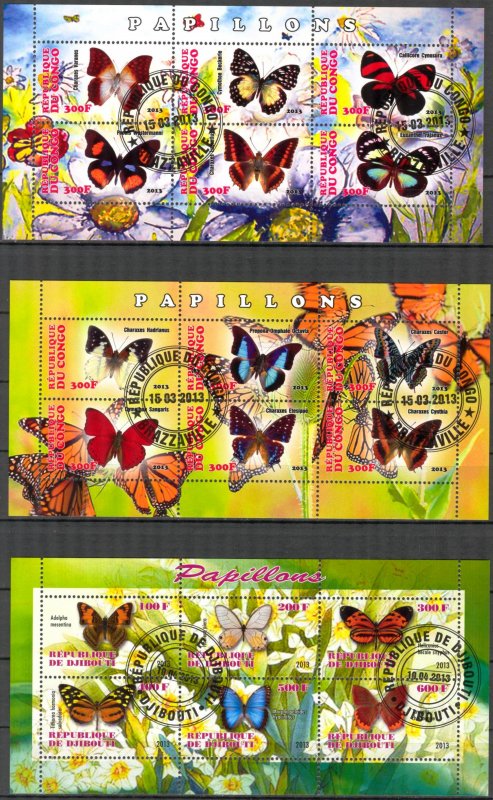 {g150} Congo Djibouti 2013 Butterflies 3 sh. Used / CTO Cinderella