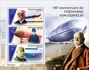 Chad - 2023 Ferdinand von Zeppelin Anniversary - 3 Stamp Sheet - TCH230125a