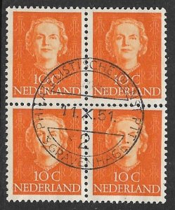 NETHERLANDS 1949 10c Queen Juliana Block of 4 Sc 308 VFU