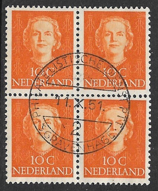 NETHERLANDS 1949 10c Queen Juliana Block of 4 Sc 308 VFU