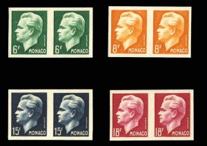 Monaco #276-279 (YT 365-368) Cat€42, 1951 Rainier, set of four imperf. pair...