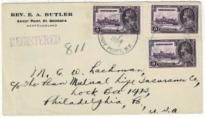 Newfoundland 1935 Sandy Point cancel on registered cover to the U.S., Scott 227