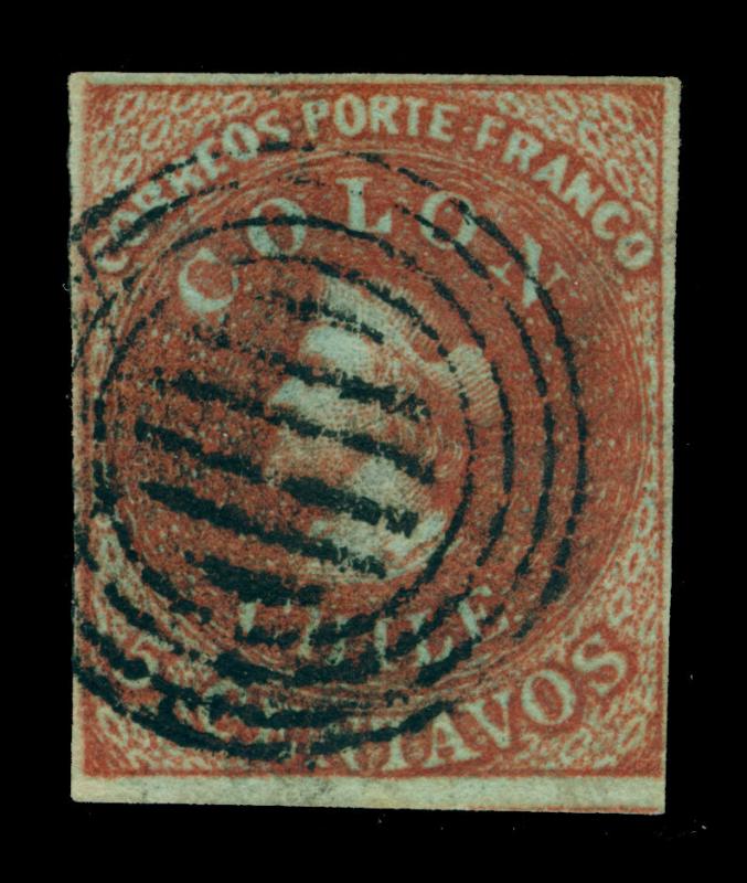 CHILE 1853 COLUMBUS - London print - 5c brown red Sc# 1 used VF - rare wmk FA5-2