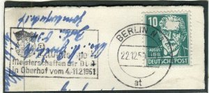 GERMANY; 1950s early Berlin issue fine used SPORTING POSTMARK PIECE