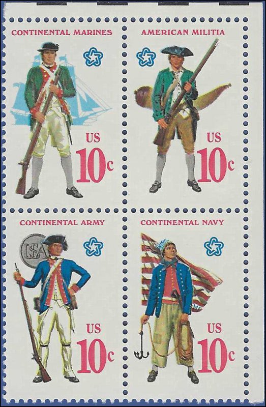 #1565-1568 10c Military Uniforms Block of 4 1975 Mint NH