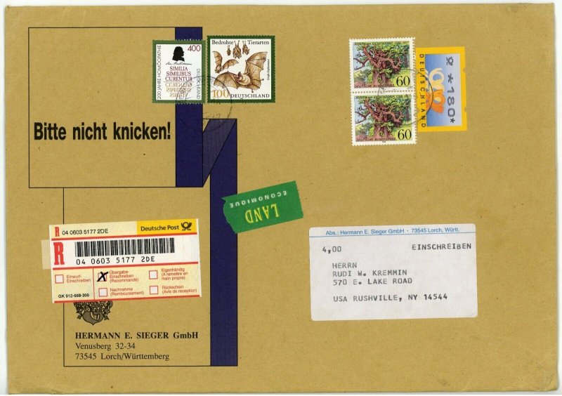 Germany to USA Deutsche Post Registered Land Economy Cover Customs Label