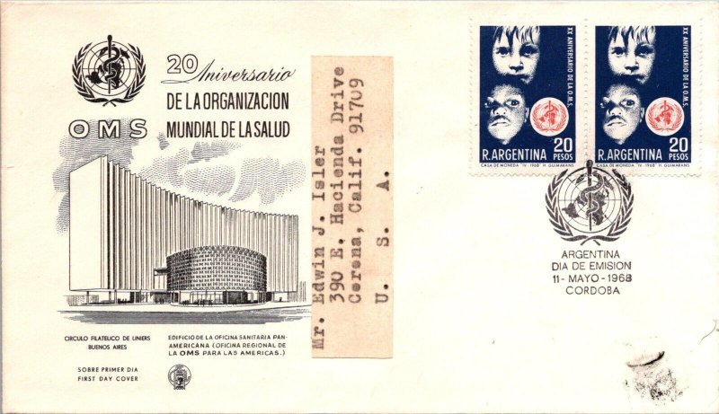 Argentina 1969 FDC - 20th Anniversary Of The WHO - Cordoba - J94