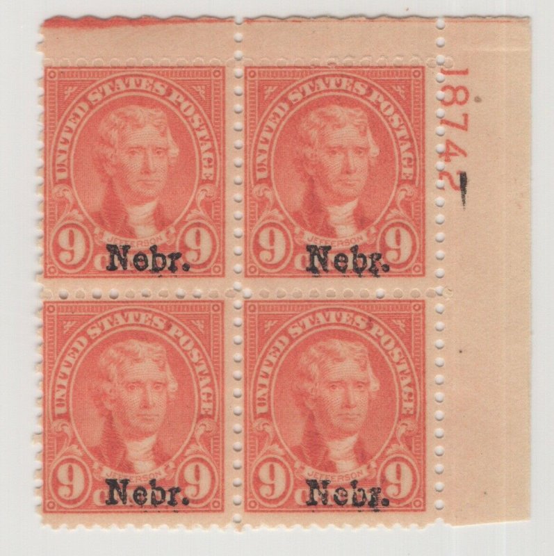  #678 Plate Block of 4 - 9c Nebr OG 1 Stamp NH Just Fine CV. $500 (JH 5/5/21) GP 