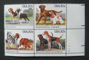 US SCOTT #2098-2101 20c PLATE BLOCK OF 4 LR 1984 - AMERICAN DOGS MNH FREE SHIP