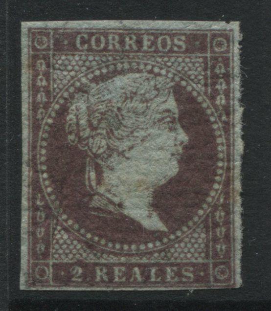 Spain 1855 2 reales reddish purple with 4 good margins cranked gum mint o.g. 