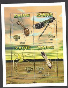 Zaire #1449 MNH sheet of 4, various insects, issued 1996