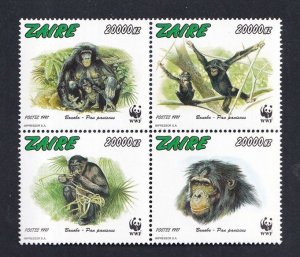 Zaire #1466 MNH 1997  WWF  apes . block of 4
