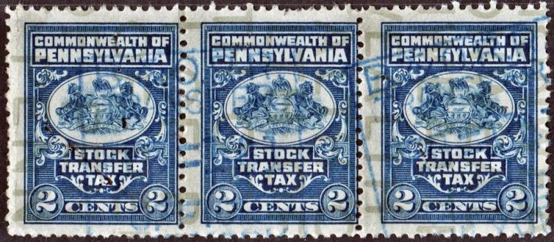 Pennsylvania 2¢ Stock Transfer Stamp Strip of Three (Used)