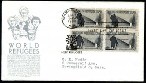 1149 4c World Refugee Year block FDC Anderson silver cachet April 7, 1960 faults