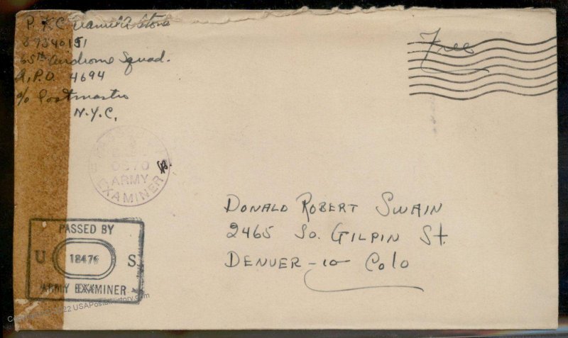 USA WWII APO Airmail Military Mail Cover 93819