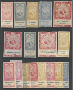 EGYPT 1880-1890 COLLECTION OF 17 CIGARETTE TAX STAMPS WITH ADVERTISING