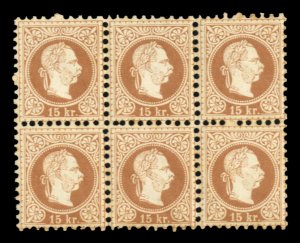 Austria #38 Cat$126+, 1877 15kr brown, block of six, never hinged