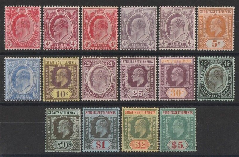 STRAITS SETTLEMENTS 1906 KEVII set 3c-$5, wmk mult crown, + 4c chalk paper.