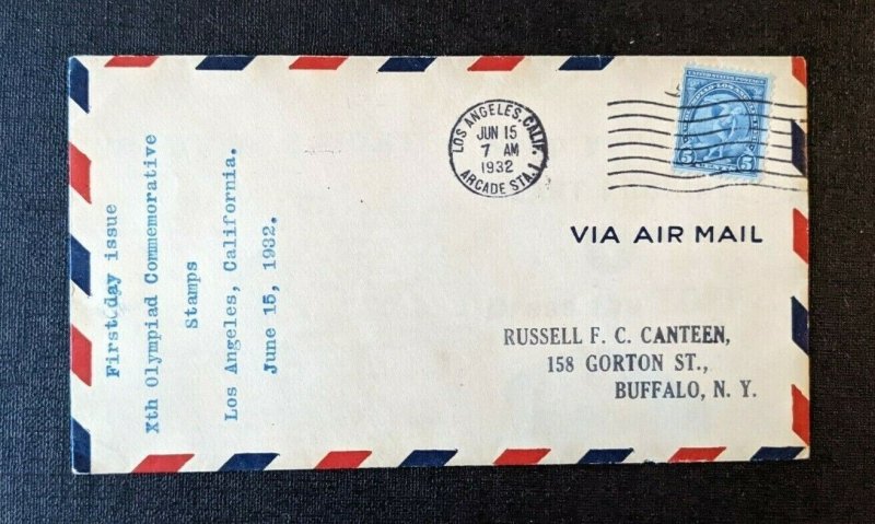 1932 Olympic Games Los Angeles CA FDC 719 Airmail Cover to Buffalo New York