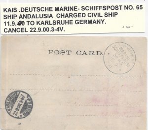 1900 Marine Shiffspost #65 S.S. Andalusia (Chartered Civil Ship), ... (HS1169)