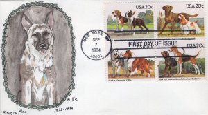 Mildred Candy Hand Painted FDC for the 1984 American Dogs Issue - Block of 4