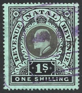 Natal 1908 Revenue 1/ Black & Brown on Green F/VF Used Barefoot #109 HP £2.00-