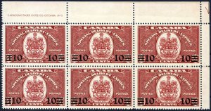 Canada #E9 Cat$75, 1939 Special Delivery, 10c on 20c dark carmine, plate bloc...