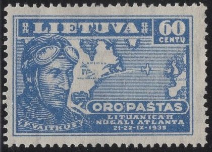 Lithuania 1936 unused Sc C87 60c Felix Waitkus, Map of Transatlantic Flight