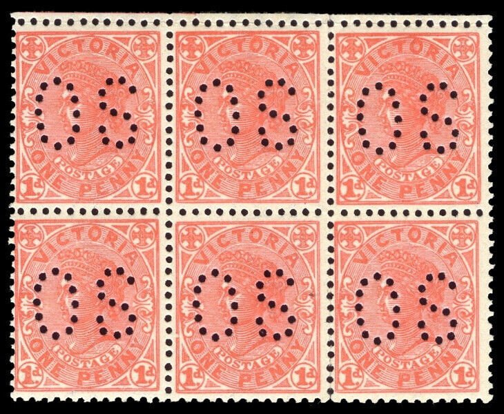 Victoria 1905 QV 1d 1d rose-carmine perf OS block of six MNH. SG 454a var.