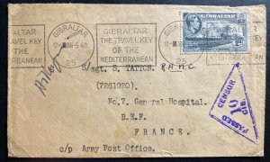 1940 Gibraltar Censored Cover To General Hospital France APO