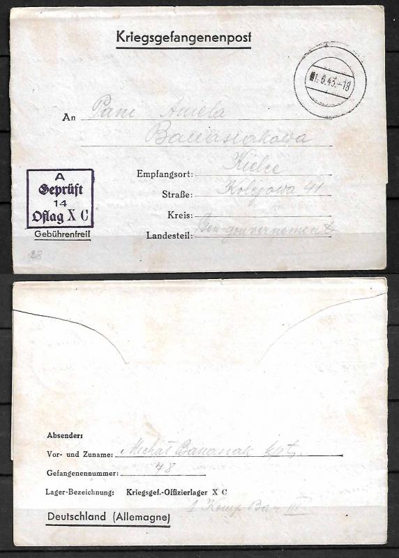 GERMANY WWII. 1943. LETTER-SHEET FROM OFLAG Xc - POW CAMP FOR POLISH OFFICER