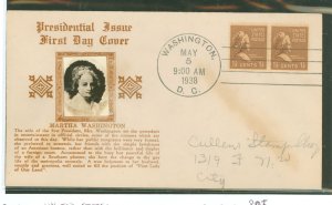 US 805 1938 1.5c Martha Washington (presidential/prexy series) pair on an addressed (pencil) first day cover with a Crosby cache