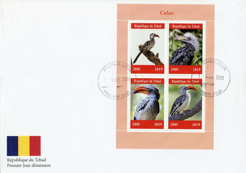 Chad 2019 FDC Calao Hornbills Hornbill 4v M/S Cover Birds Stamps 