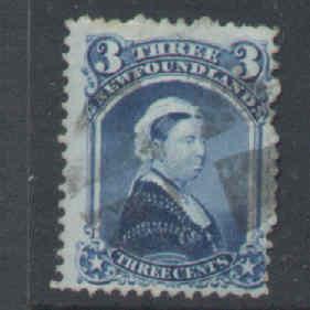 Newfoundland #6975 - Scott cat. #34 - 3c blue Queen Victoria - used - fancy canc