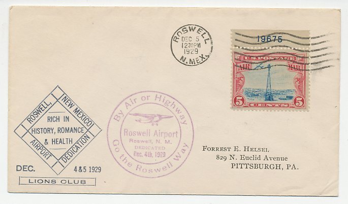 Cover / Postmark USA 1929 Lions Club - Roswell Airport Dedication