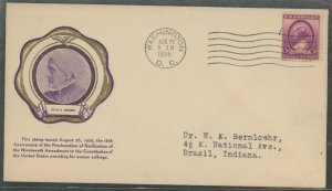 US 784 (1936) 3c Susan B Anthony/radifcation of the 19th amendment (single) on an addressed first day cover withh a rice cachet