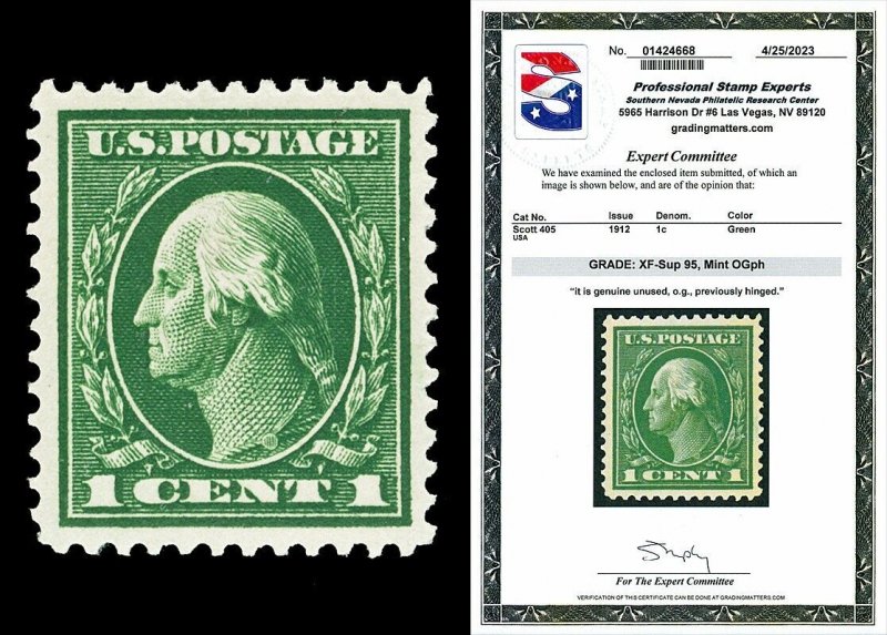 Scott 405 1912 1c Washington Perf 12 Mint Graded XF-Sup 95 LH with PSE  CERT! | United States, General Issue Stamp