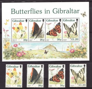 1998 Gibraltar Sc #1556a Butterflies, stamps and souvenir sheet - MNH Cv$11.50