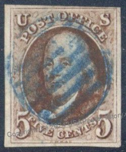 USA #1 5c Franklin Blue Cancel 4 Margin Used 113012