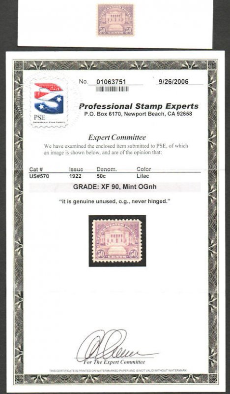 US #570 SCV $70 XF OG NH, w/ PSE (GRADED 90 (9/06)) CERT, pulled perf, SEE PHOTO