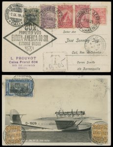1931, BRAZIL DORNIER DO X FIRST FLIGHT MIXED FRANKING CARD FROM RIO TO COLOMBIA