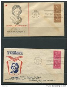 USA 1939 (2) Covers First Day of issue Martha Washington  John Adams Vertical Pa