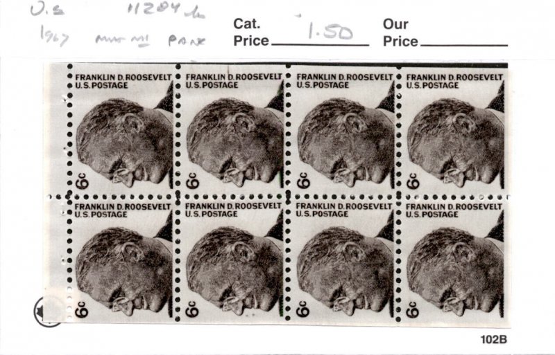 United States Postage Stamp, #1284b Pane Mint NH, 1967 Roosevelt