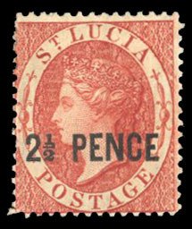 St. Lucia #17 Cat$60, 1881 2 1/2p scarlet, part original gum