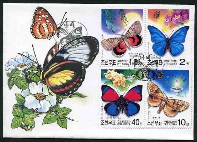 BUTTERFLIES - NORTH KOREA - 2002 BLOCK OF ON FDC